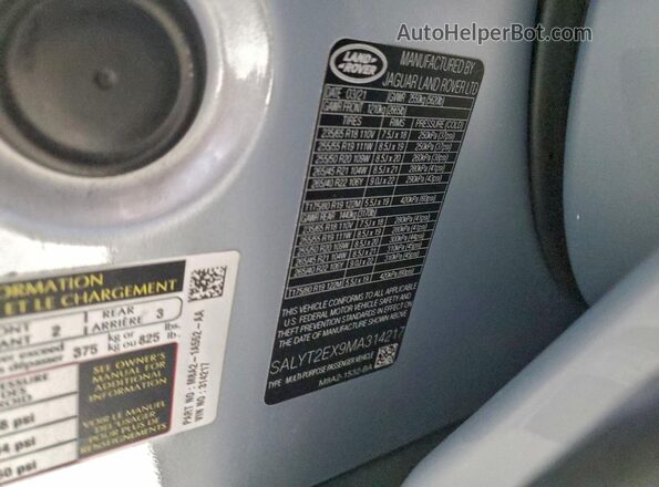 SALYT2EX9MA314217 2021 LAND ROVER RANGE Silver Vista de la etiqueta del VIN