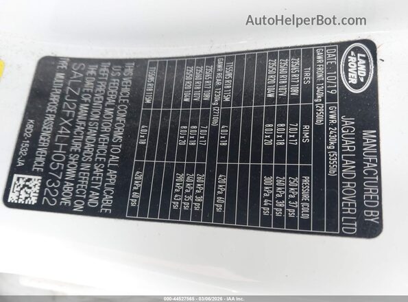 SALZJ2FX4LH057322 2020 LAND ROVER RANGE ROVER EVOQUE White Շարժիչի բաժամունքի տեսք