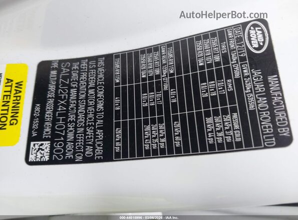 SALZJ2FX4LH071902 2020 LAND ROVER RANGE ROVER EVOQUE White Vista del compartimento del motor