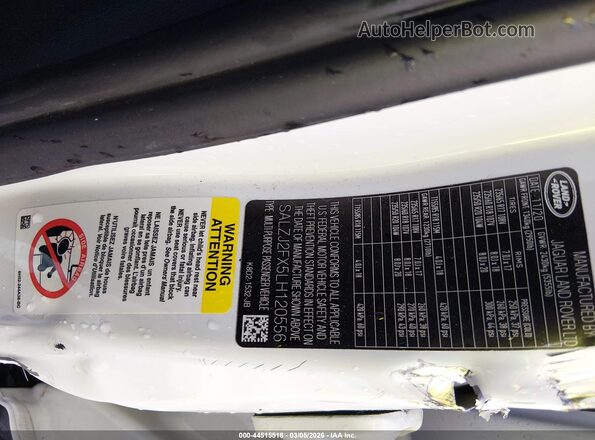 SALZJ2FX5LH120556 2020 LAND ROVER RANGE ROVER EVOQUE White Вид підкапотного простору