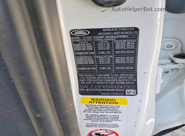SALZJ2FX5RH247302 2024 LAND ROVER RANGE Белый Панорамный вид салона 360°