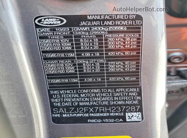 SALZJ2FX7RH237287 2024 LAND ROVER RANGE Серый Вид подкапотного пространства