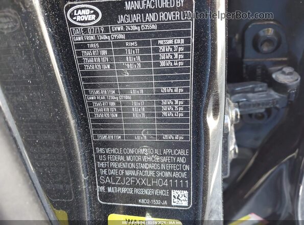 SALZJ2FXXLH041111 2020 LAND ROVER RANGE ROVER EVOQUE Black Widok komory silnika