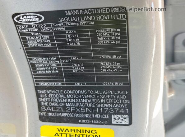 SALZL2FX5NH173741 2022 LAND ROVER RANGE Серый Вид наклейки с VIN-кодом
