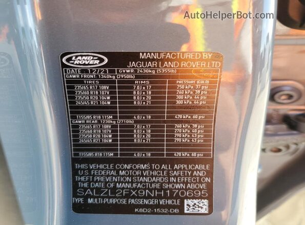 SALZL2FX9NH170695 2022 LAND ROVER RANGE Gray VIN კოდის სტიკერის ხედი
