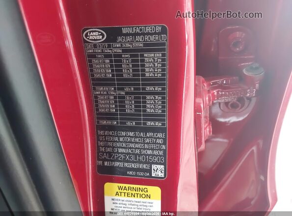 SALZP2FX3LH015903 2020 LAND ROVER RANGE ROVER EVOQUE Красный Вид подкапотного пространства