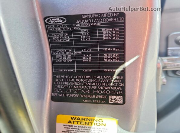 SALZP2FX8LH040456 2020 LAND ROVER RANGE Серебряный Вид наклейки с VIN-кодом