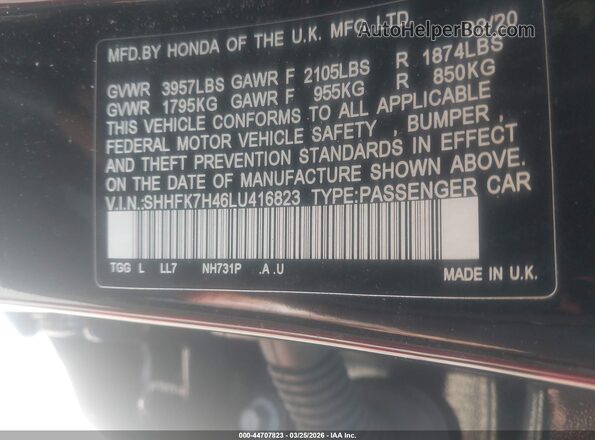 SHHFK7H46LU416823 2020 HONDA CIVIC Черный Вид подкапотного пространства