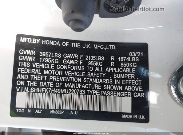 SHHFK7H49MU220733 2021 HONDA CIVIC Белый Вид подкапотного пространства