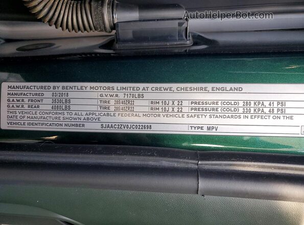 SJAAC2ZV0JC022698 2018 BENTLEY BENTAYGA Green Widok naklejki z numerem VIN