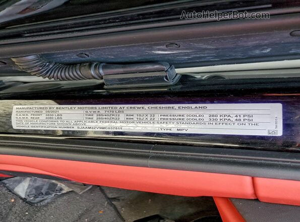SJAAM2ZV9MC037511 2021 BENTLEY BENTAYGA Черный Вид наклейки с VIN-кодом
