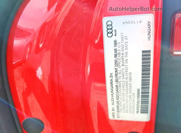 TRUT5CFV0J1006840 2018 AUDI TT Красный Вид подкапотного пространства