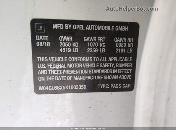 W04GL6SX5K1003356 2019 BUICK REGAL Белый Вид подкапотного пространства