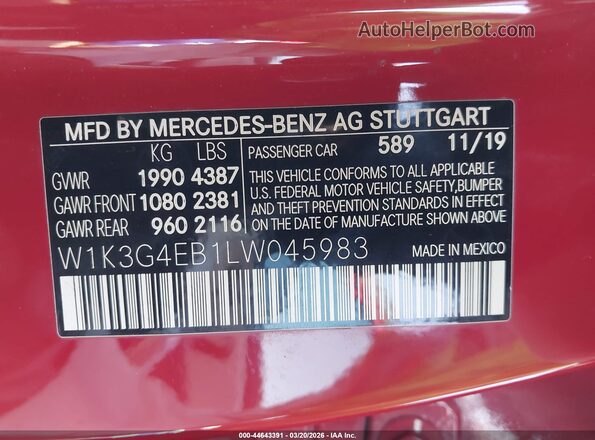 W1K3G4EB1LW045983 2020 MERCEDES-BENZ A 220 Red ძრავის განყოფილების ხედი