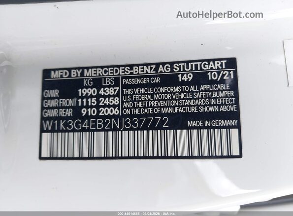 W1K3G4EB2NJ337772 2022 MERCEDES-BENZ A 220 White Widok komory silnika