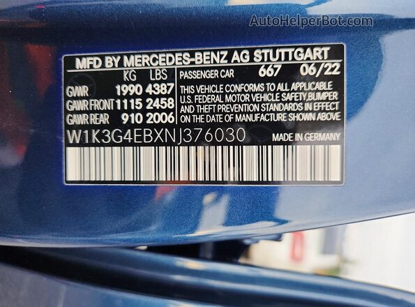 W1K3G4EBXNJ376030 2022 MERCEDES-BENZ A Синий Вид подкапотного пространства
