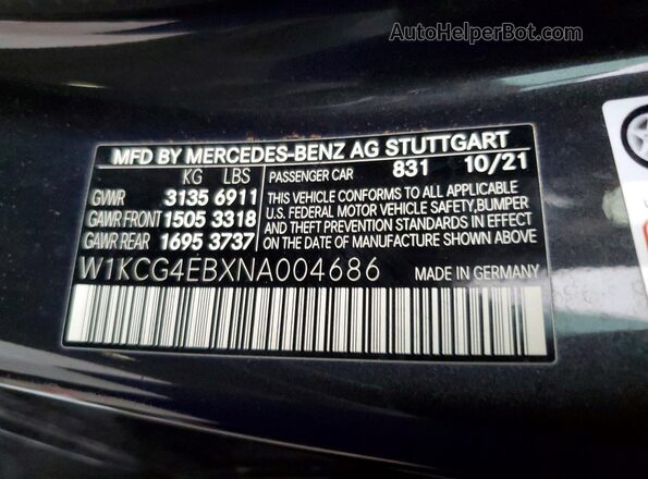 W1KCG4EBXNA004686 2022 MERCEDES-BENZ EQS Угольный Вид наклейки с VIN-кодом