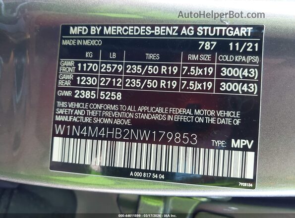 W1N4M4HB2NW179853 2022 MERCEDES-BENZ GLB-CLASS Gray Вид підкапотного простору