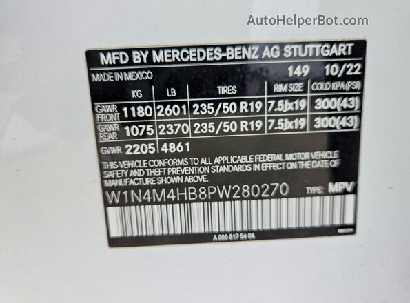 W1N4M4HB8PW280270 2023 MERCEDES-BENZ GLB-CLASS Белый Вид наклейки с VIN-кодом