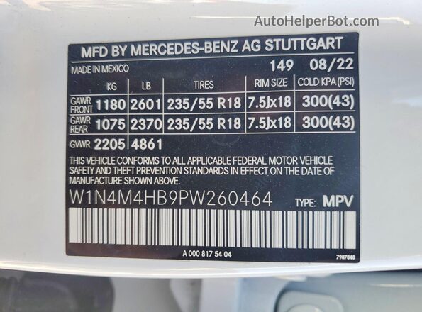 W1N4M4HB9PW260464 2023 MERCEDES-BENZ GLB-CLASS White Widok naklejki z numerem VIN