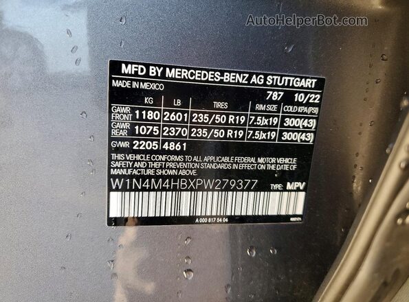 W1N4M4HBXPW279377 2023 MERCEDES-BENZ GLB-CLASS Серый Вид наклейки с VIN-кодом