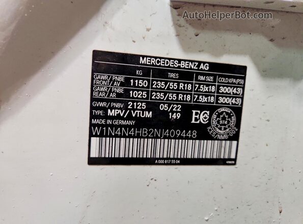 W1N4N4HB2NJ409448 2022 MERCEDES-BENZ GLA White Vista de la etiqueta del VIN