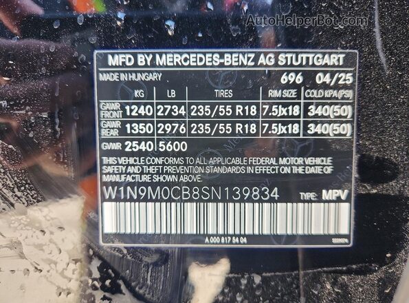 W1N9M0CB8SN139834 2025 MERCEDES-BENZ EQB Черный Вид наклейки с VIN-кодом
