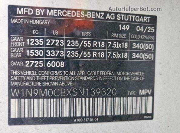 W1N9M0CBXSN139320 2025 MERCEDES-BENZ EQB Белый Вид наклейки с VIN-кодом