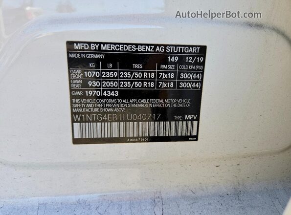 W1NTG4EB1LU040717 2020 MERCEDES-BENZ GLA Белый Вид наклейки с VIN-кодом