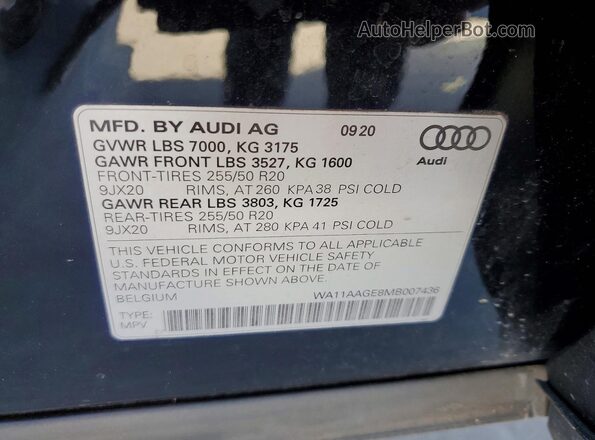 WA11AAGE8MB007436 2021 AUDI E-TRON Черный Вид наклейки с VIN-кодом