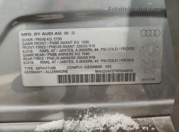 WA122AFZ7RP004978 2024 AUDI Q4 Gray Вид наклейки з VIN-кодом