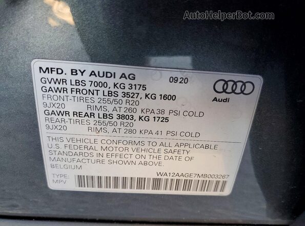 WA12AAGE7MB003267 2021 AUDI E-TRON Gray Widok wnętrza 360 stopni