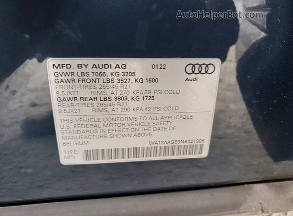 WA12AAGE9NB021996 2022 AUDI E-TRON Синий Вид наклейки с VIN-кодом