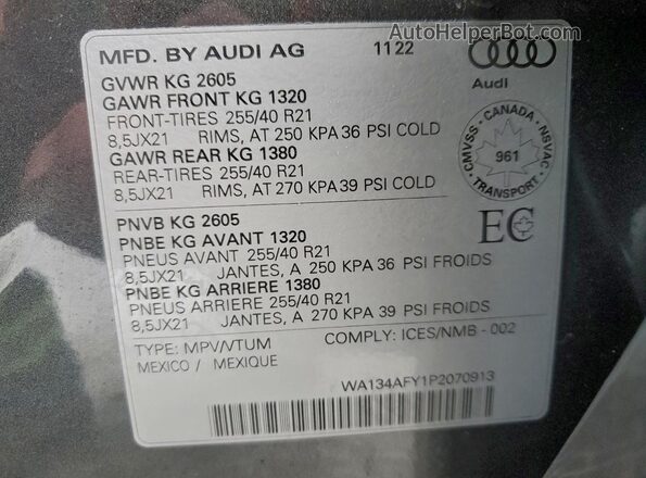 WA134AFY1P2070913 2023 AUDI SQ5 Gray Widok naklejki z numerem VIN