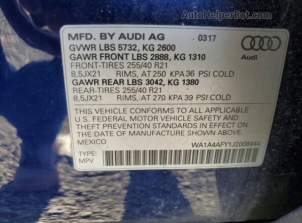 WA1A4AFY1J2008944 2018 AUDI SQ5 Синий Вид наклейки с VIN-кодом