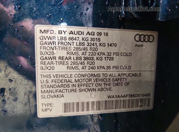 WA1AAAF76KD010405 2019 AUDI Q7 Бирюзовый Вид наклейки с VIN-кодом