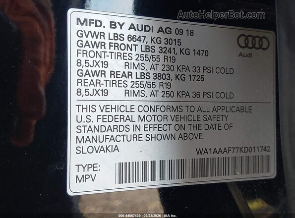 WA1AAAF77KD011742 2019 AUDI Q7 Черный Вид подкапотного пространства