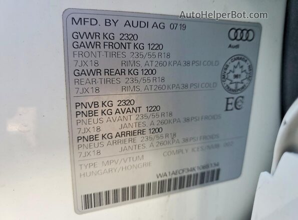 WA1AECF34K1085134 2019 AUDI Q3 Белый Вид наклейки с VIN-кодом