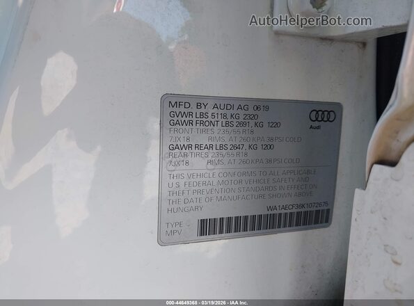 WA1AECF36K1072675 2019 AUDI Q3 Белый Вид подкапотного пространства