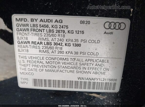 WA1ANAFY1L2115606 2020 AUDI Q5 Black Շարժիչի բաժամունքի տեսք
