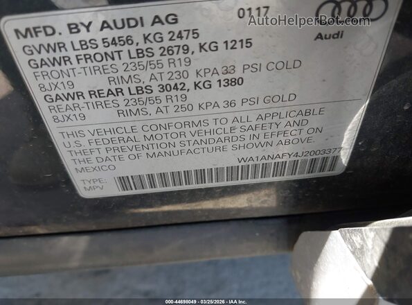WA1ANAFY4J2003377 2018 AUDI Q5 Серый Вид подкапотного пространства