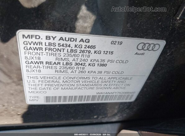 WA1ANAFY7K2066460 2019 AUDI Q5 Black ძრავის განყოფილების ხედი