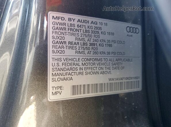 WA1AVAF10KD010531 2019 AUDI Q8 Gray VIN կոդի պիտակի տեսք
