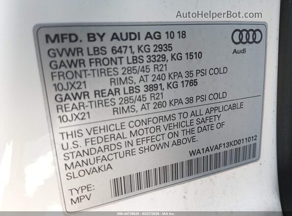 WA1AVAF13KD011012 2019 AUDI Q8 White Вид підкапотного простору