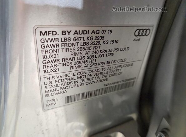 WA1AVAF17LD000533 2020 AUDI Q8 Серебряный Вид наклейки с VIN-кодом