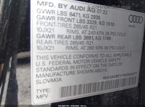 WA1AVBF11ND034377 2022 AUDI Q8 Black Widok komory silnika