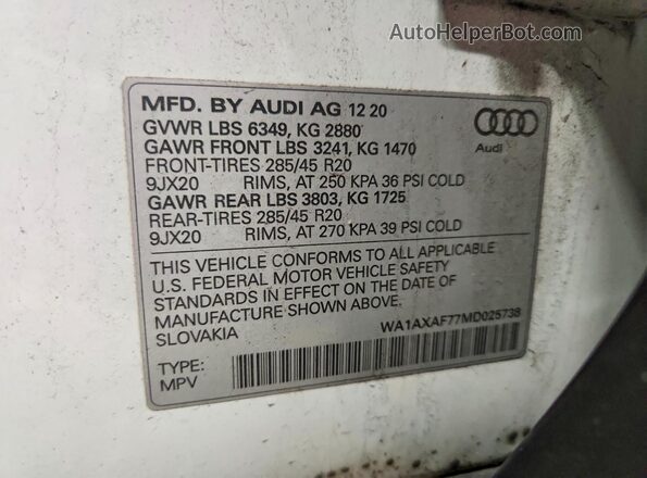 WA1AXAF77MD025738 2021 AUDI Q7 Белый Вид наклейки с VIN-кодом