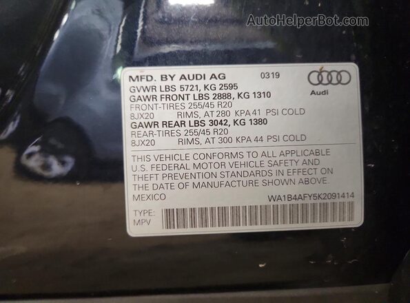 WA1B4AFY5K2091414 2019 AUDI SQ5 Синий Вид наклейки с VIN-кодом