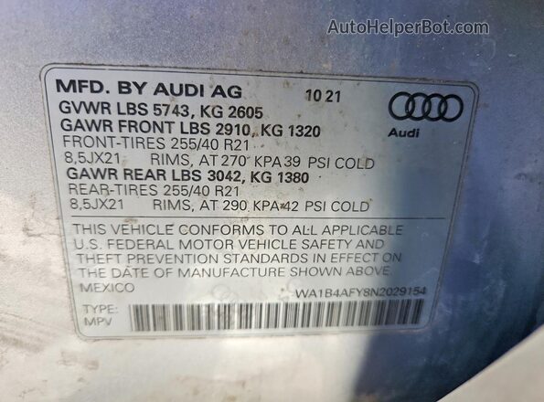 WA1B4AFY8N2029154 2022 AUDI SQ5 Silver Widok wnętrza 360 stopni