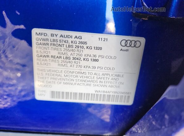 WA1B4AFY8N2045581 2022 AUDI SQ5 Синий Вид наклейки с VIN-кодом